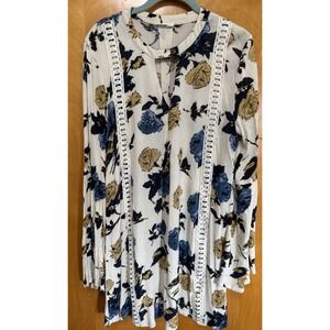 Blu Pepper Women Flared Sleeves Flowy Lace Trim Dress Key Hole Roses‎ Cream Sz M